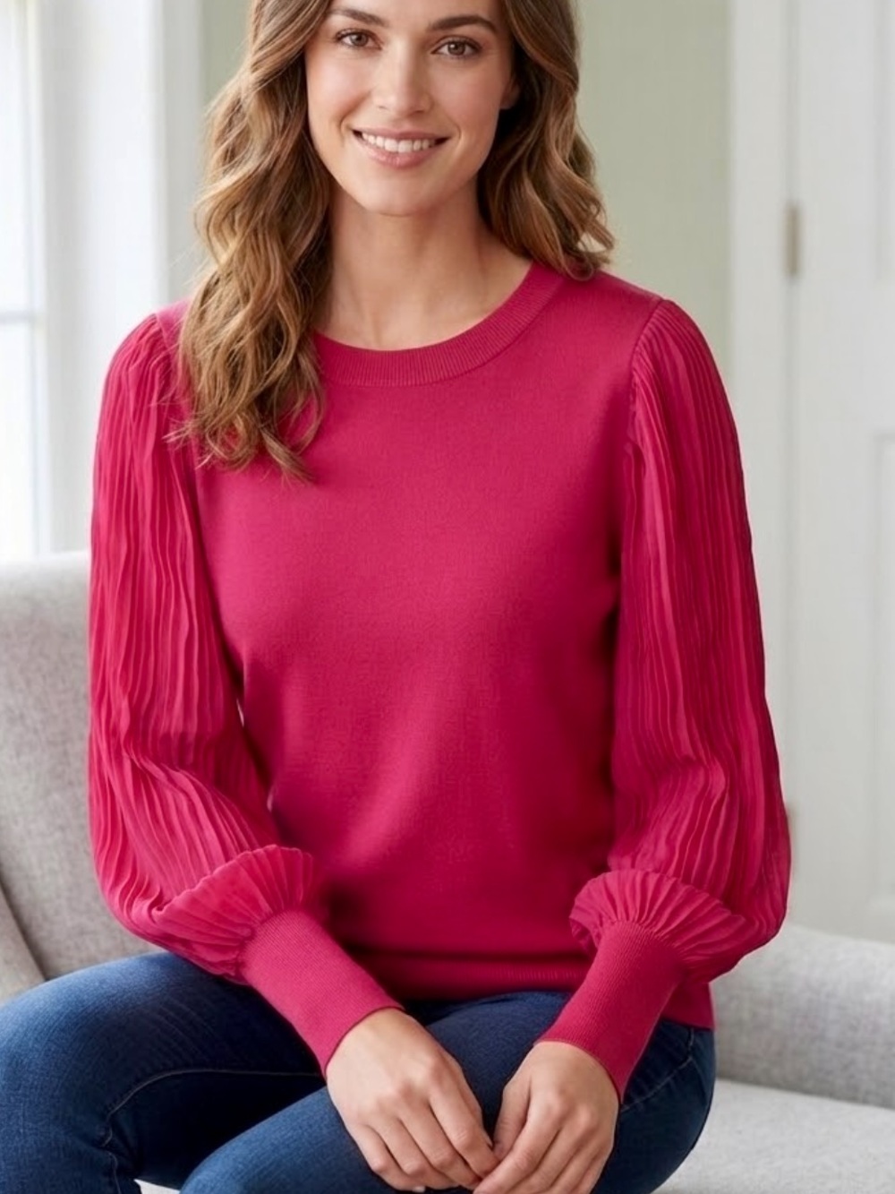 Zac & Rachel Women's Pleated Sleeve Crewneck Sweater Blouse in Fuchsia